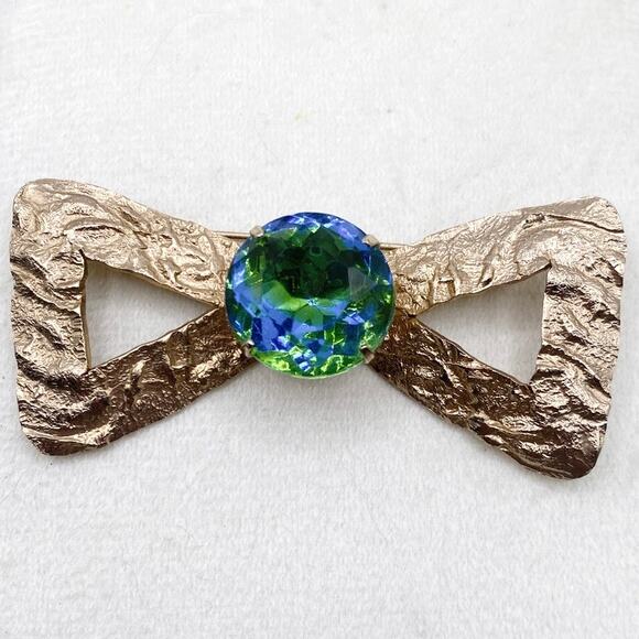 Vintage Brooch Bow with Bohemian Green and Blue Glass 2” long - Picture 6 of 8